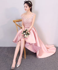 Bridesmaid Dress Mismatched, Pink High Low Lace Prom Dress, Pink Formal Bridesmaid Dress