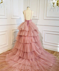 Formal Dresses For Fall Wedding, Blue V Neck Tiered Sleeveless Tulle Prom Dress, Gorgeous Long Party Dress