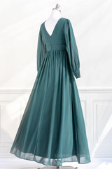 Spring Wedding Color, Pine Deep V Neck Long Sleeves Empire Chiffon Long Prom Dress