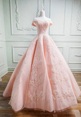 Prom Dress Elegent, Pink Lace Long A-Line Prom Dresses, Off the Shoulder Evening Dresses