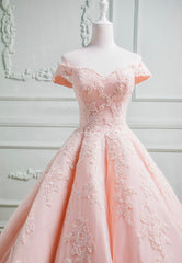 Prom Dresses Elegent, Pink Lace Long A-Line Prom Dresses, Off the Shoulder Evening Dresses