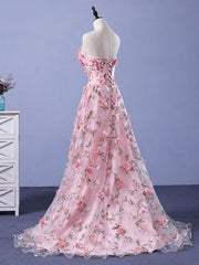 Party Dress Mini, Pink 3D Flower Long Prom Dresses, 3D Floral Pink Long Formal Evening Dresses
