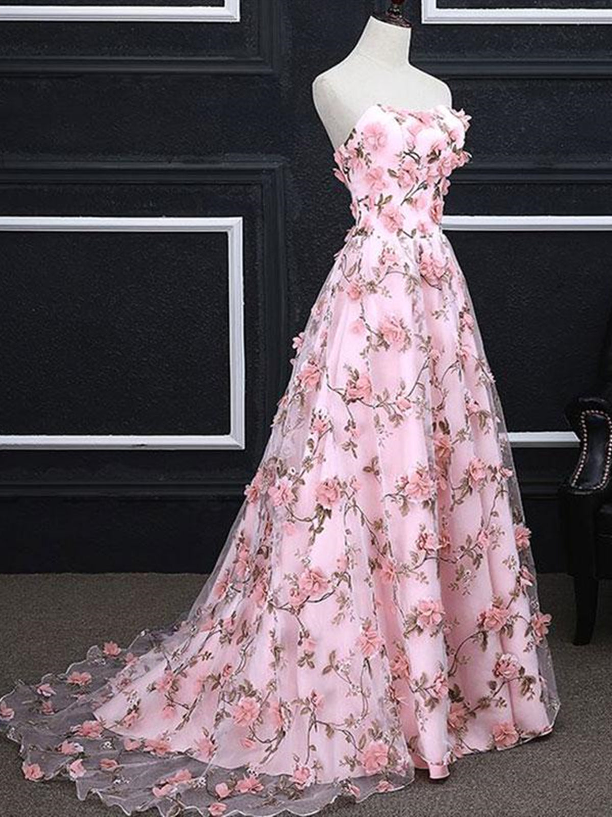Party Dresses Mini, Pink 3D Flower Long Prom Dresses, 3D Floral Pink Long Formal Evening Dresses