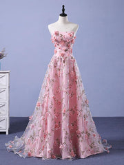 Party Dresses For Short Ladies, Pink 3D Flower Long Prom Dresses, 3D Floral Pink Long Formal Evening Dresses