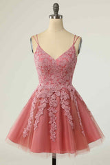 Bridesmaids Dresses Yellow, Pink A-line Double Straps V Neck Lace-Up Applique Mini Homecoming Dress