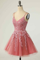 Bridesmaids Dress Floral, Pink A-line Double Straps V Neck Lace-Up Applique Mini Homecoming Dress