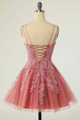 Bridesmaid Dress Floral, Pink A-line Double Straps V Neck Lace-Up Applique Mini Homecoming Dress