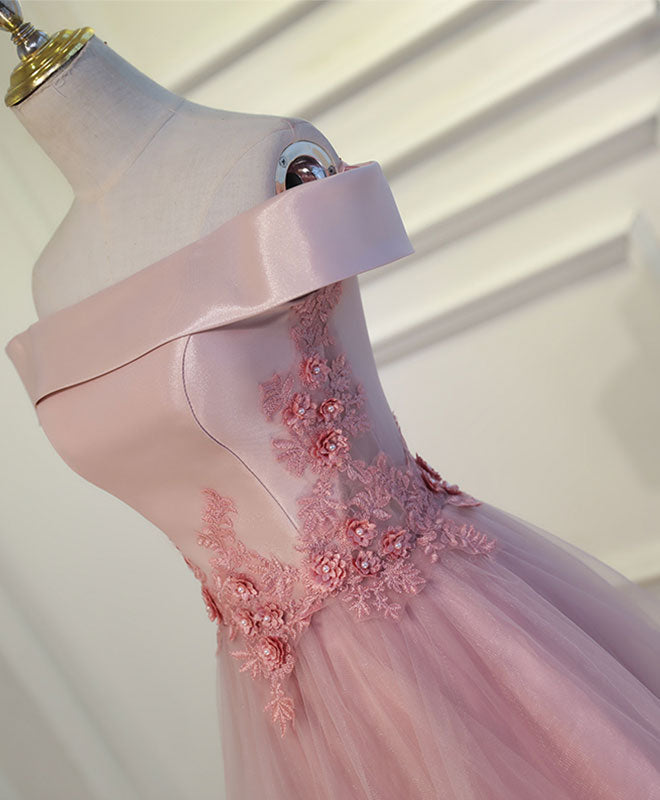 Formal Dresses Elegant, Pink A Line Off Shoulder Knee Length Prom Dress, Lace Homecoming Dresses