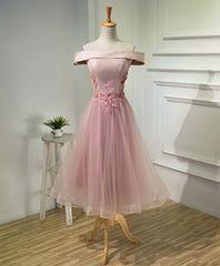 Formal Dresses For Weddings, Pink A Line Off Shoulder Tea Length Prom Dress, Lace Homecoming Dresses
