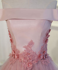 Formal Dress Outfits, Pink A Line Off Shoulder Tea Length Prom Dress, Lace Homecoming Dresses
