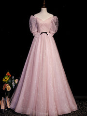 Prom Dresses Long Mermaide, Pink A Line Puffy Sleeves Tulle Long Prom Dress, Pink Sweet 16 Dress