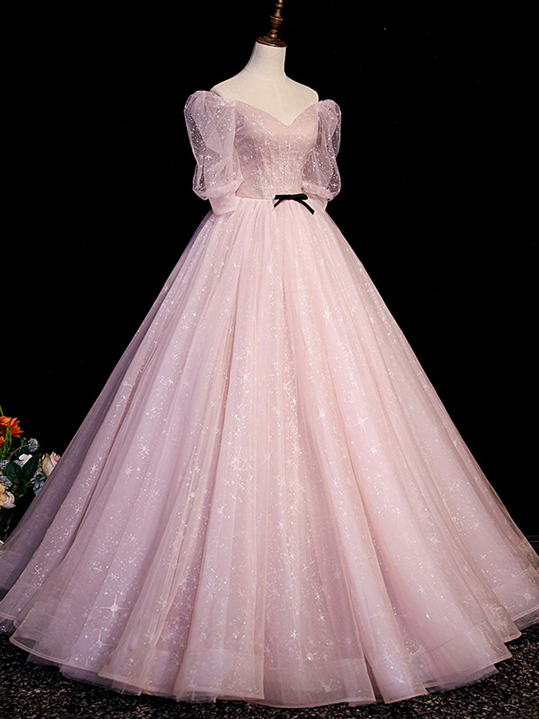 Prom Dresses Long Mermaid, Pink A Line Puffy Sleeves Tulle Long Prom Dress, Pink Sweet 16 Dress