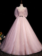 Prom Dress Long Mermaid, Pink A Line Puffy Sleeves Tulle Long Prom Dress, Pink Sweet 16 Dress