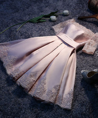 Dress Ideas, Pink A Line Satin Lace Short Prom Dress, Pink Homecoming Dress