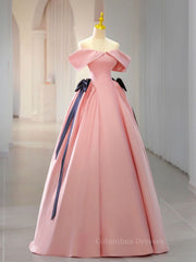 Evening Dress With Sleeves Uk, Pink A-Line Satin Off Shoulder Long Prom Dress, Pink Formal Evening Dresses