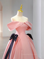 Evening Dress Suit, Pink A-Line Satin Off Shoulder Long Prom Dress, Pink Formal Evening Dresses
