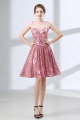 Formal Dress Short, Pink A-Line Sequined Short Homecoming Dresses