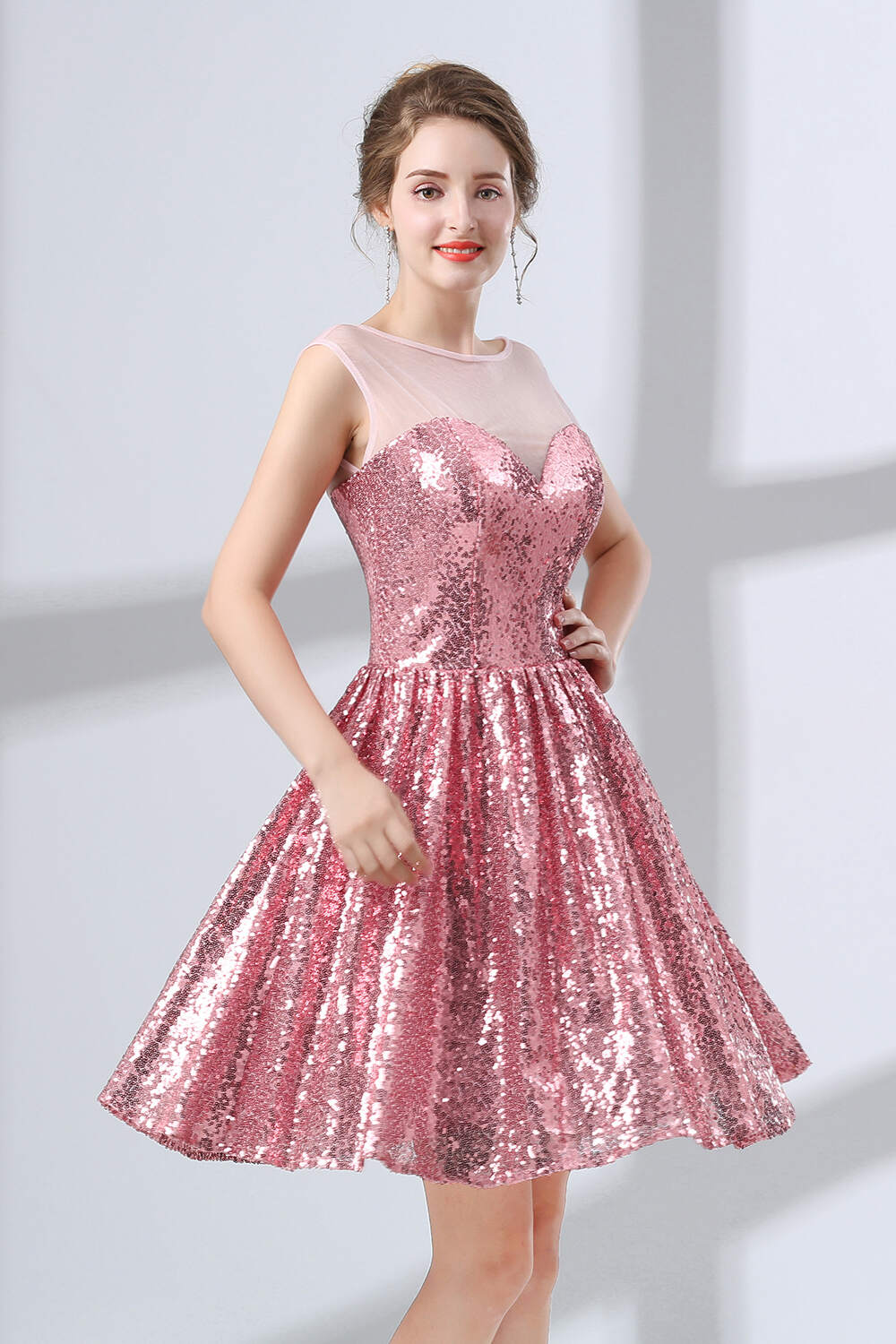 Prom Look, Pink A-Line Sequined Short Homecoming Dresses