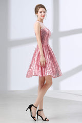 Semi Formal Outfit, Pink A-Line Sequined Short Homecoming Dresses
