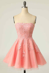 Bridesmaids Dress Modest, Pink A-line Strapless Lace-Up Back Applique Tulle Mini Homecoming Dress