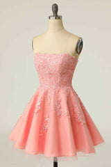 Bridesmaid Dress Modest, Pink A-line Strapless Lace-Up Back Applique Tulle Mini Homecoming Dress