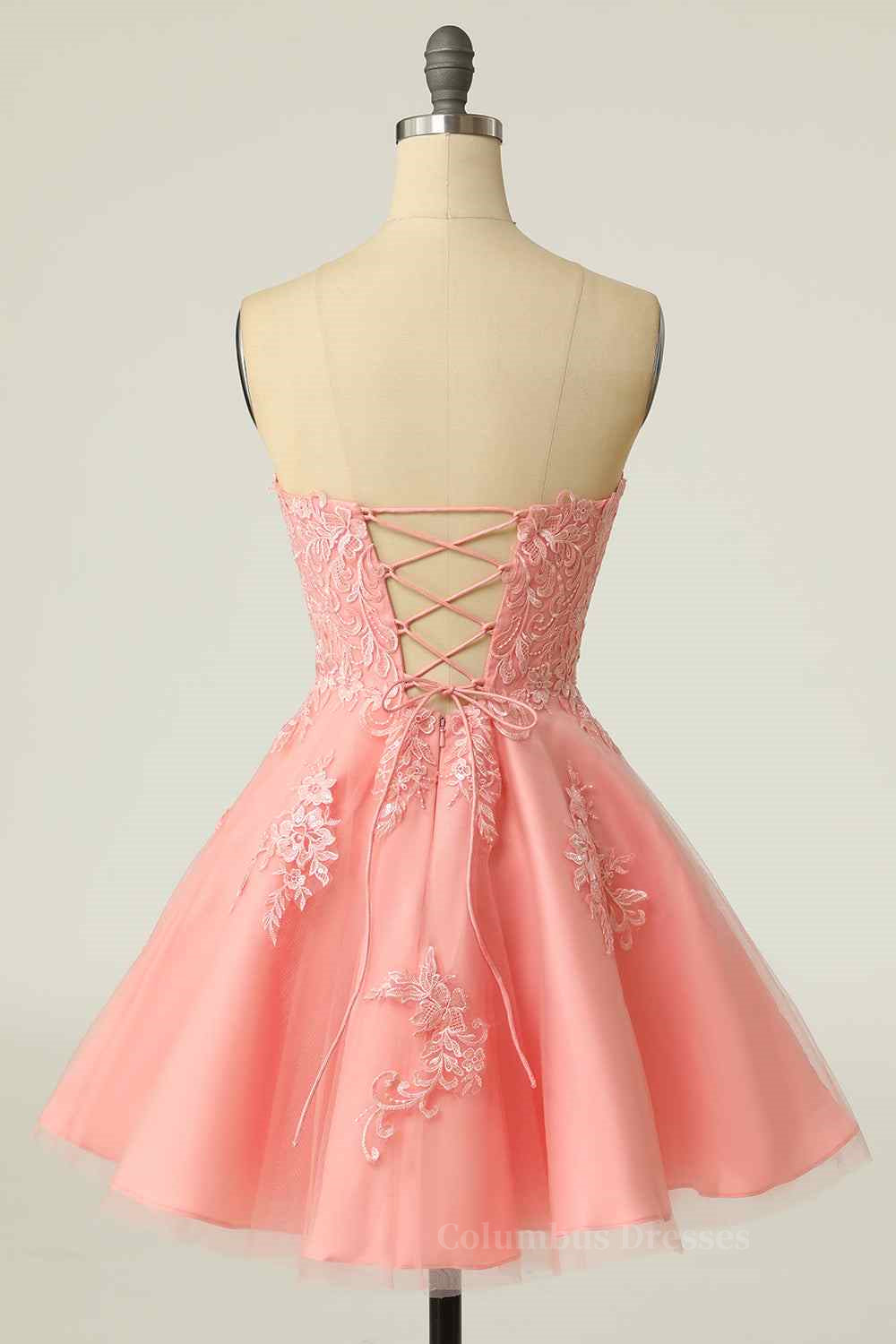 Bridesmaids Dresses Modest, Pink A-line Strapless Lace-Up Back Applique Tulle Mini Homecoming Dress