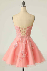 Bridesmaids Dresses Modest, Pink A-line Strapless Lace-Up Back Applique Tulle Mini Homecoming Dress