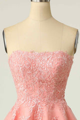 Bridesmaid Dress Mauve, Pink A-line Strapless Lace-Up Back Applique Tulle Mini Homecoming Dress