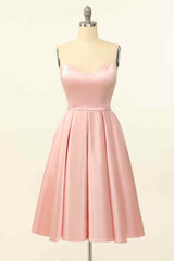 Bridesmaids Dress With Sleeves, Pink A-line Strapless Satin Lace-Up Back Mini Homecoming Dress