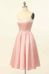 Bridesmaid Dress With Sleeves, Pink A-line Strapless Satin Lace-Up Back Mini Homecoming Dress