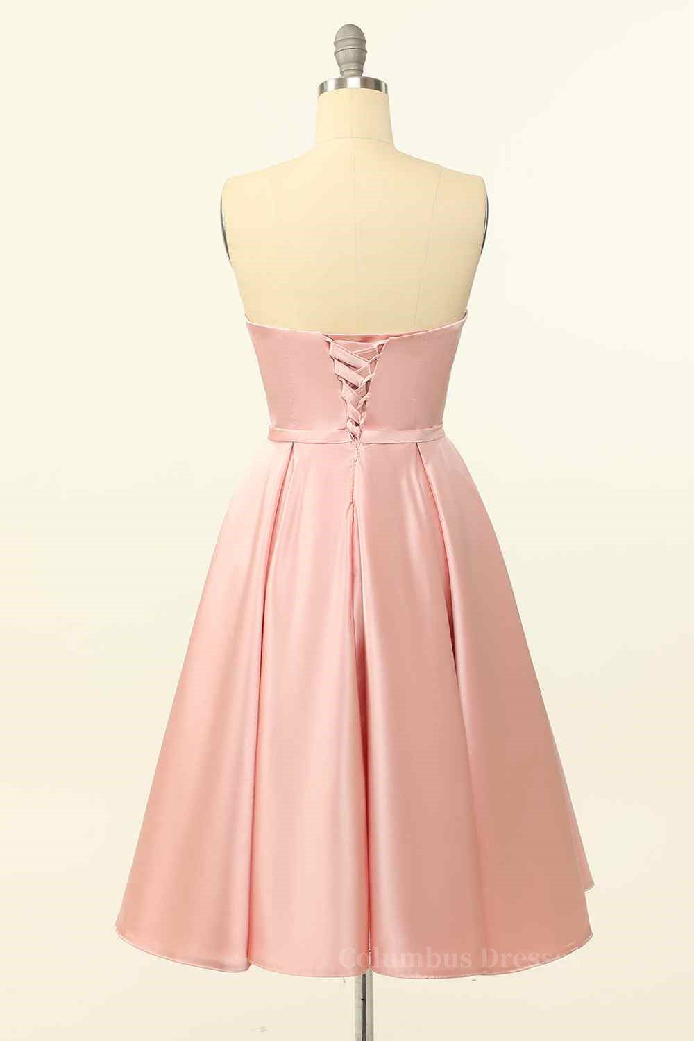 Bridesmaid Dresses Long Sleeves, Pink A-line Strapless Satin Lace-Up Back Mini Homecoming Dress