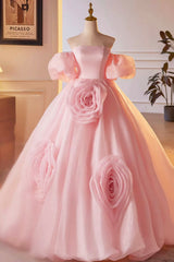 Homecoming Dresses Fitted, Pink A-Line Sweetheart Ball Gown Formal Dress with Flowers, Off the Shoulder Evening Party Dress