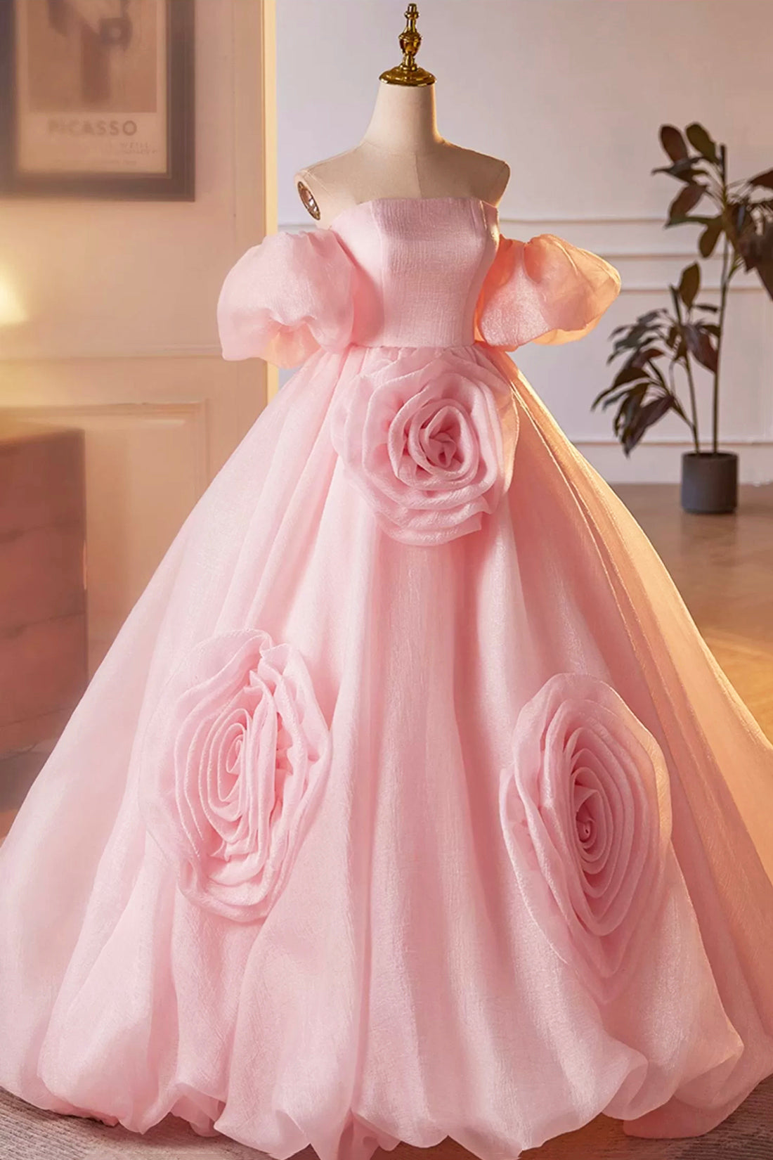 Homecomming Dresses Fitted, Pink A-Line Sweetheart Ball Gown Formal Dress with Flowers, Off the Shoulder Evening Party Dress