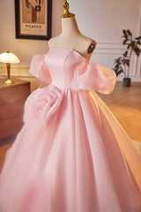 Homecoming Dress Tights, Pink A-Line Sweetheart Ball Gown Formal Dress with Flowers, Off the Shoulder Evening Party Dress