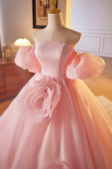 Homecoming Dress Fitted, Pink A-Line Sweetheart Ball Gown Formal Dress with Flowers, Off the Shoulder Evening Party Dress