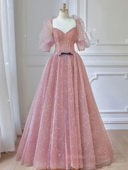 Prom Dress Short, Pink A-line tulle lace long prom dress, pink lace formal dress