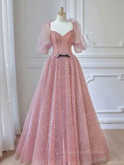 Prom Dress V Neck, Pink A-line tulle lace long prom dress, pink lace formal dress