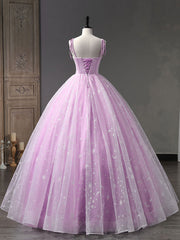Homecoming, Pink A-Line Tulle Long Prom Dress, Pink Formal Sweet 16 Dress