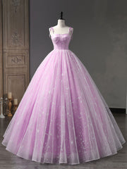 Cute Summer Dress, Pink A-Line Tulle Long Prom Dress, Pink Formal Sweet 16 Dress