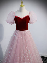 Bridesmaid Dresses Peach, Pink A line Tulle Long Prom Dress, Pink Tulle Evening Graduation Dresses