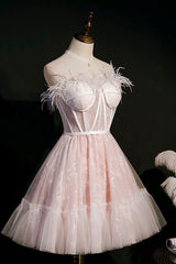 Party Dress Party Dress, Pink A-Line Tulle Short Prom Dress with Feather, Pink Strapless Party Dress