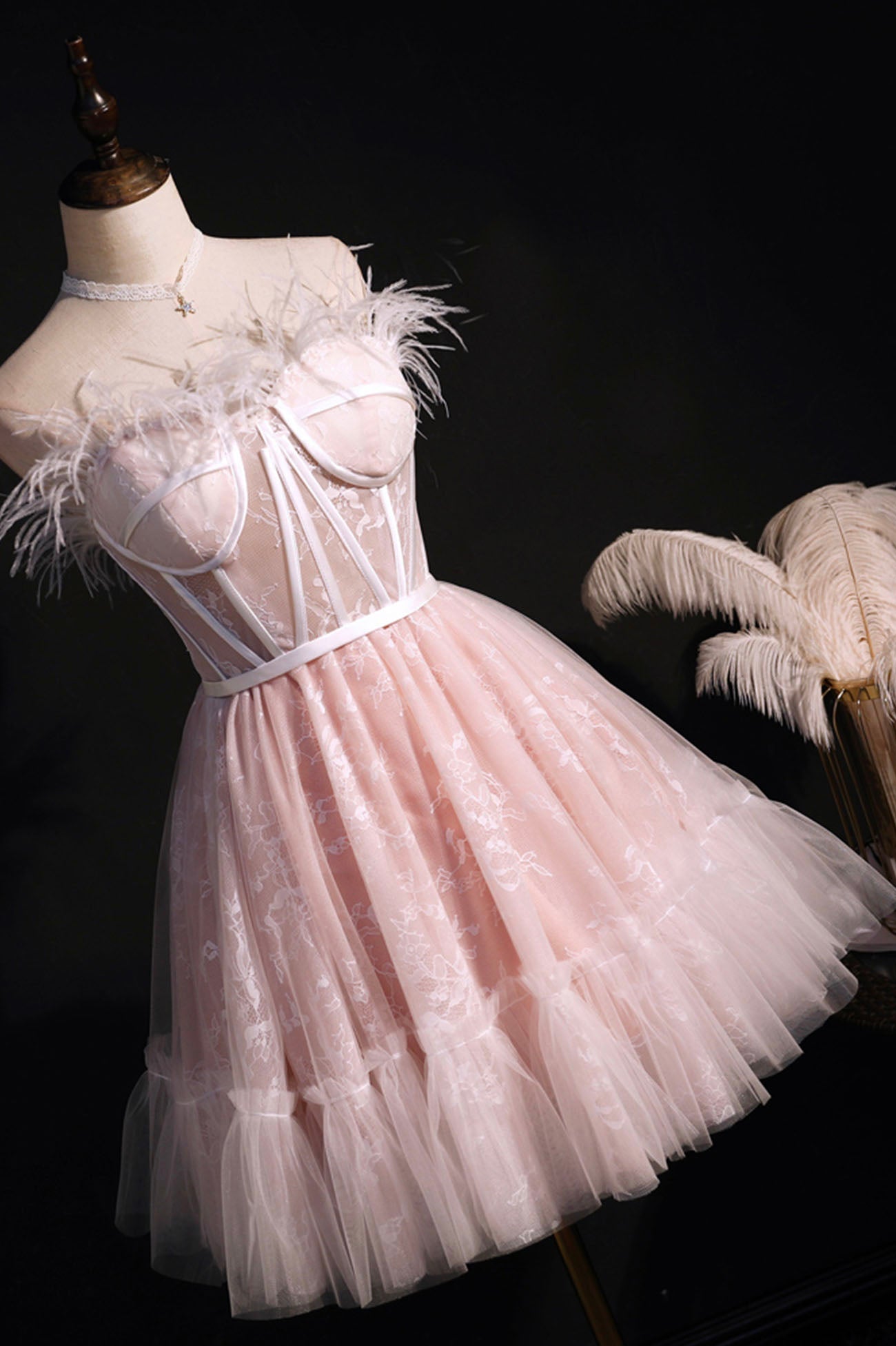 Party Dresses Weddings, Pink A-Line Tulle Short Prom Dress with Feather, Pink Strapless Party Dress