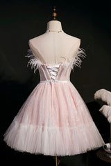 Party Dresses Wedding, Pink A-Line Tulle Short Prom Dress with Feather, Pink Strapless Party Dress