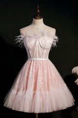 Party Dress Online Shopping, Pink A-Line Tulle Short Prom Dress with Feather, Pink Strapless Party Dress