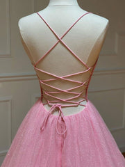 Homecoming Dresses Styles, Pink A-line v neck tulle long prom dress, pink evening dress