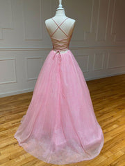 Homecoming Dress Styles, Pink A-line v neck tulle long prom dress, pink evening dress