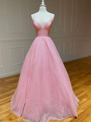 Homecoming Dresses Style, Pink A-line v neck tulle long prom dress, pink evening dress