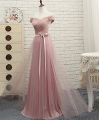 Formal Dresses With Sleeve, Pink A LineTulle Off Shoulder Long Prom Dress, Evening Dress