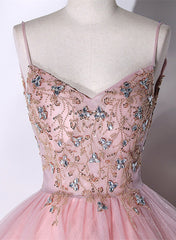 Party Dresses For Weddings, Pink Ball Gown Beaded V-neckline Prom Dress, Pink Sweet 16 Dresses