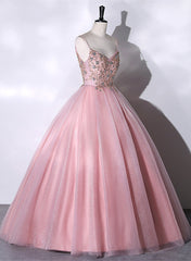 Party Dress Summer, Pink Ball Gown Beaded V-neckline Prom Dress, Pink Sweet 16 Dresses
